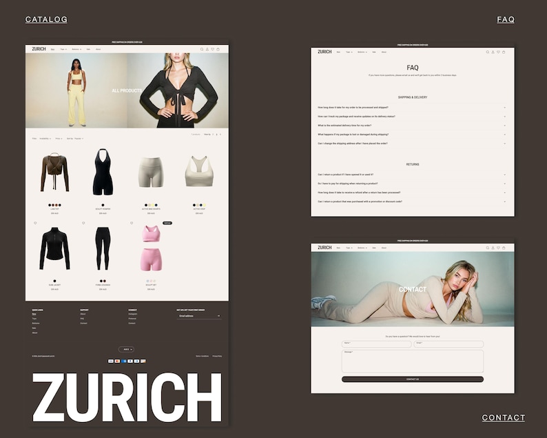 May include: A website showcasing clothing items, including tops, leggings, and shorts. The website has a minimalist design with a neutral colour palette. The brand name "ZURICH" is prominently displayed at the bottom of the page.