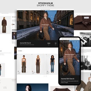 Peut inclure: Un affichage numérique du thème Shopify Stockholm présentant une mise en page de site web avec une veste marron, un pantalon marron et un sac noir. L'interface comprend des listes de produits, un compte à rebours et une vue mobile.