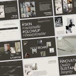 Pu&ograve; includere: Un pannello di presentazione con sfondo marrone scuro e testo bianco. Il pannello &egrave; diviso in sezioni con titoli come "Customer Journey", "& Purpose", "Moodboard", "Campaign Objectives", "Our Goals", "Innovation", e "Influence Collaborations". Il pannello include anche immagini di prodotti per la cura della pelle, un moodboard con immagini di natura e persone, e un grafico di una mano che tiene una bottiglia di liquido.