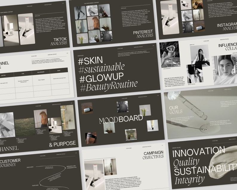 Pu&ograve; includere: Un pannello di presentazione con sfondo marrone scuro e testo bianco. Il pannello &egrave; diviso in sezioni con titoli come "Customer Journey", "& Purpose", "Moodboard", "Campaign Objectives", "Our Goals", "Innovation", e "Influence Collaborations". Il pannello include anche immagini di prodotti per la cura della pelle, un moodboard con immagini di natura e persone, e un grafico di una mano che tiene una bottiglia di liquido.