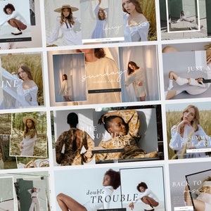 May include: A collage of images featuring women wearing various clothing styles. The images are arranged in a grid pattern and feature text overlays such as "Sunday Summer Edit", "Just Act Natural", "The Summer Edit", "Summer Afterglow", "Double Trouble", and "Back to Basics".