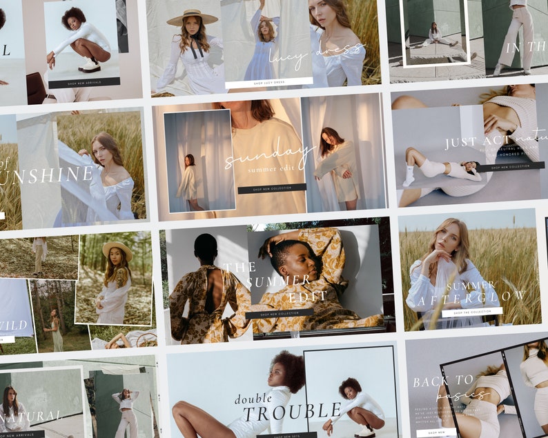 May include: A collage of images featuring women wearing various clothing styles. The images are arranged in a grid pattern and feature text overlays such as "Sunday Summer Edit", "Just Act Natural", "The Summer Edit", "Summer Afterglow", "Double Trouble", and "Back to Basics".