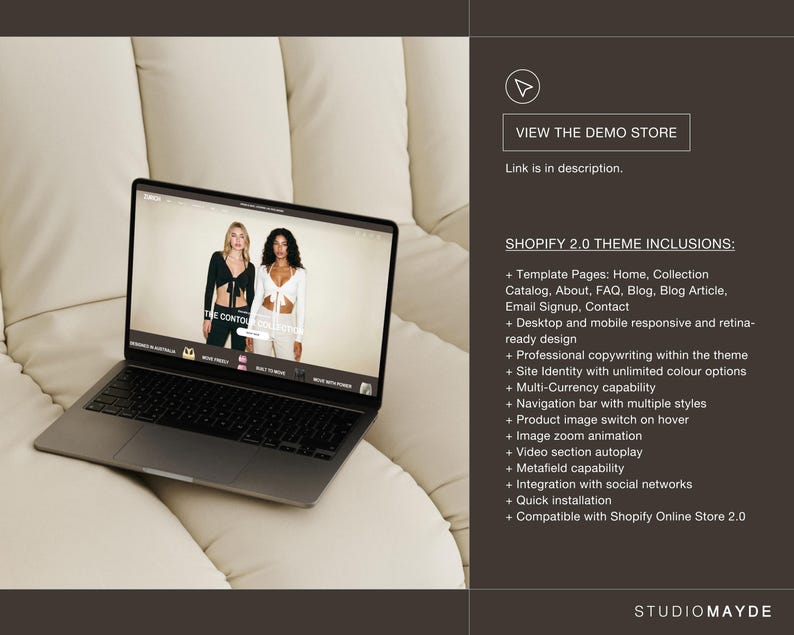 May include: A silver laptop showing a website with two models in black and white clothing. The screen displays "THE CONTO COLLECTION". The image also includes the text "VIEW THE DEMO STORE" and a list of Shopify 2.0 theme inclusions.