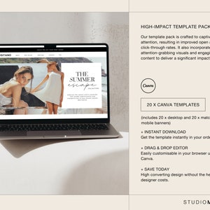 May include: A laptop computer displaying a website with a photo of two women wearing summer dresses. The website text reads "The Summer Escape Collection". The text on the laptop screen also includes the words "POSITANO" and "Canva".