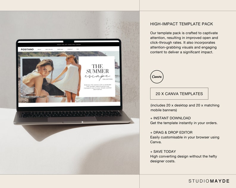 May include: A laptop computer displaying a website with a photo of two women wearing summer dresses. The website text reads "The Summer Escape Collection". The text on the laptop screen also includes the words "POSITANO" and "Canva".