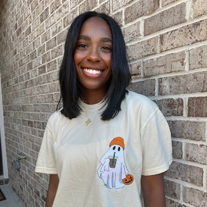 Cream Comfort Colors Embroidered Halloween Coffee Ghost shirt, Spooky Shirt, Coffee Drinking Ghost, Coffee Lovers, Spooky