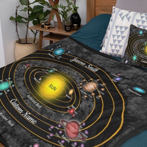 May include: A black and gold fleece throw blanket with a solar system design. The blanket features the planets, the sun, and the asteroid belt. The text "Jason Smith" and "Custom Name" are printed on the blanket.