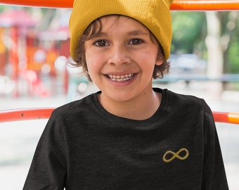 Infinity symbol Youth Kids long sleeve tee t-shirt spring autumn embroidered minimalistic symbol gold autism asd spd Adhd acceptance month