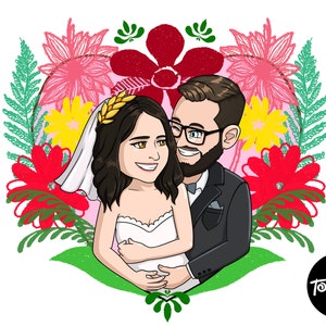 May include: A cartoon illustration of a smiling couple embracing, surrounded by colorful flowers. The woman wears a white wedding dress and veil, and the man wears a suit and glasses. The background features pink, red, yellow, and green floral elements.