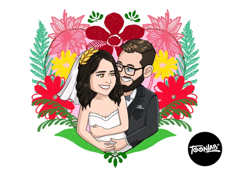 May include: A cartoon illustration of a smiling couple embracing, surrounded by colorful flowers. The woman wears a white wedding dress and veil, and the man wears a suit and glasses. The background features pink, red, yellow, and green floral elements.