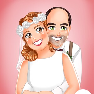 May include: A digital illustration of a smiling couple on a pink background. The woman wears a white dress, a floral crown, and a veil. The man wears a white shirt, suspenders, and a bow tie. The image has a cartoon style.