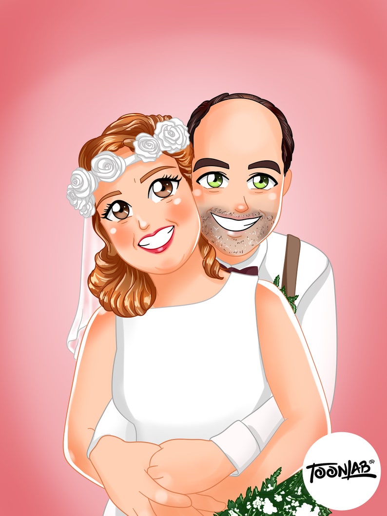 May include: A digital illustration of a smiling couple on a pink background. The woman wears a white dress, a floral crown, and a veil. The man wears a white shirt, suspenders, and a bow tie. The image has a cartoon style.