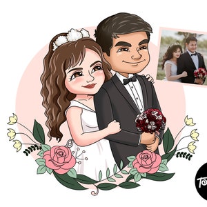 May include: A cartoon illustration of a couple on their wedding day. The bride wears a white dress and a floral headpiece, while the groom is in a black tuxedo. They are surrounded by pink roses and greenery, with a small photo of the couple in the corner.