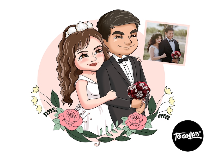 May include: A cartoon illustration of a couple on their wedding day. The bride wears a white dress and a floral headpiece, while the groom is in a black tuxedo. They are surrounded by pink roses and greenery, with a small photo of the couple in the corner.