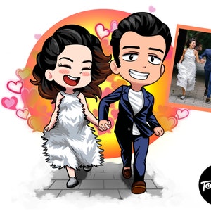 May include: A cartoon illustration of a couple running, holding hands, with a photo of the couple in the corner. The woman wears a white dress, and the man wears a blue suit. The background has hearts and a yellow and orange glow.