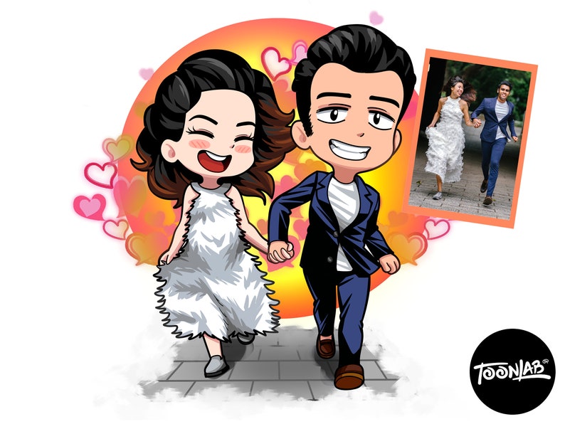 May include: A cartoon illustration of a couple running, holding hands, with a photo of the couple in the corner. The woman wears a white dress, and the man wears a blue suit. The background has hearts and a yellow and orange glow.