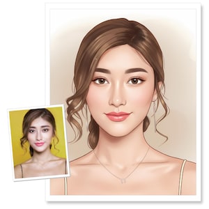 Op de afbeelding: Digitaal portret van een vrouw met bruin haar en een lichte huidskleur. Ze draagt een zilveren ketting met een hoefijzerhanger en lange zilveren oorbellen. Een kleinere foto van de vrouw staat in de linker benedenhoek.