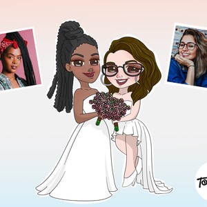May include: Cartoon illustration of two brides in white wedding dresses, holding a bouquet of pink flowers. The image includes two small photo inserts of the brides. The ToonLab logo is in the bottom right corner.