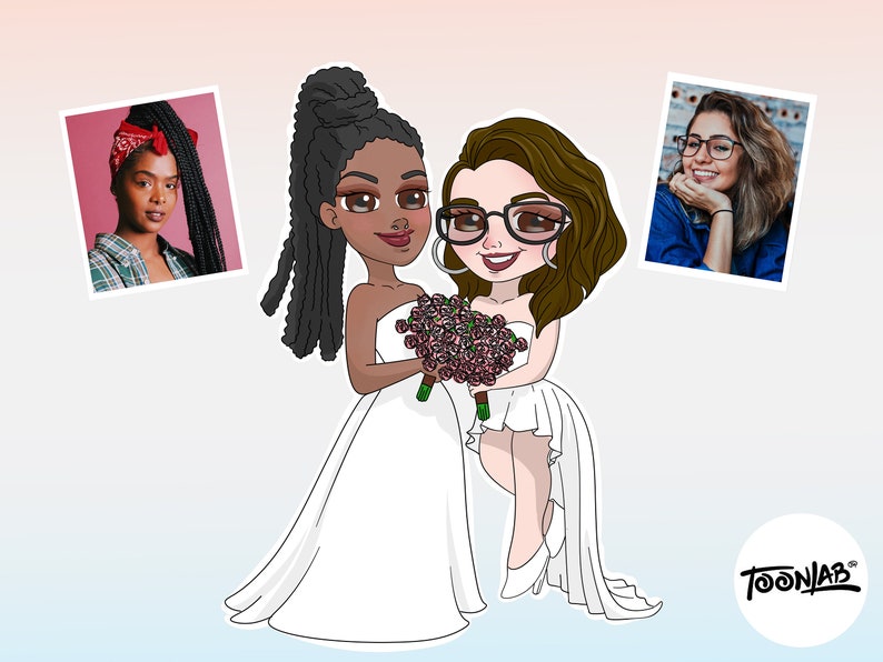 May include: Cartoon illustration of two brides in white wedding dresses, holding a bouquet of pink flowers. The image includes two small photo inserts of the brides. The ToonLab logo is in the bottom right corner.