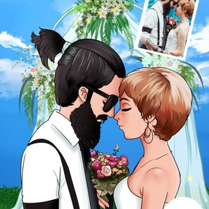 May include: Digital illustration of a couple embracing at a wedding ceremony. The groom wears a white shirt, suspenders, and sunglasses, while the bride wears a white dress and holds a bouquet. A smaller photo of the couple is in the background, with a floral arch and blue sky.