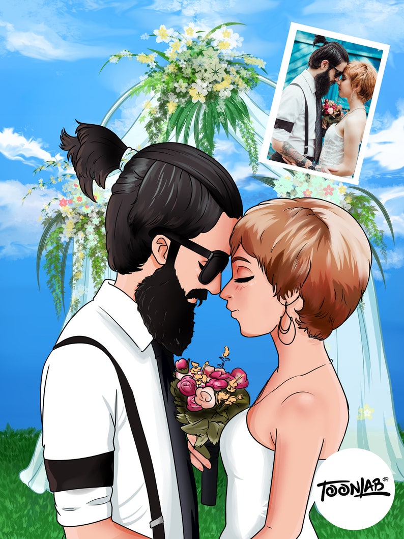 May include: Digital illustration of a couple embracing at a wedding ceremony. The groom wears a white shirt, suspenders, and sunglasses, while the bride wears a white dress and holds a bouquet. A smaller photo of the couple is in the background, with a floral arch and blue sky.