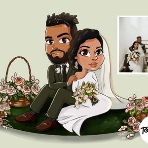May include: A cartoon illustration of a newlywed couple, seated together, surrounded by floral arrangements. The bride wears a white gown and veil, holding a bouquet. The groom is in a dark suit. A small photo of the couple is in the upper right corner.
