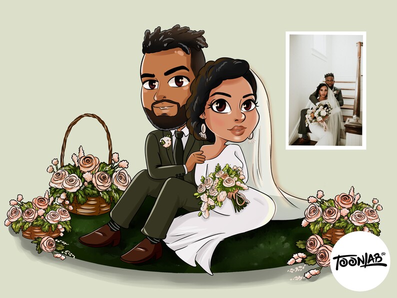 May include: A cartoon illustration of a newlywed couple, seated together, surrounded by floral arrangements. The bride wears a white gown and veil, holding a bouquet. The groom is in a dark suit. A small photo of the couple is in the upper right corner.