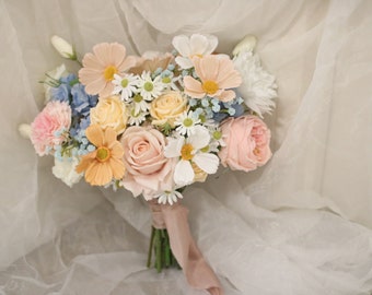 Bridal bouquet Wild Flower (Spring Colourful - Soft Pink, peach, yellow, orange, blue) real touch artificial / faux / silk wedding flower