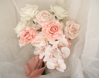 Bridal bouquet Rose Orchid Simple Boho ( Neutral Colourful - Soft Pink, peach, white) real touch artificial / faux / silk wedding flower