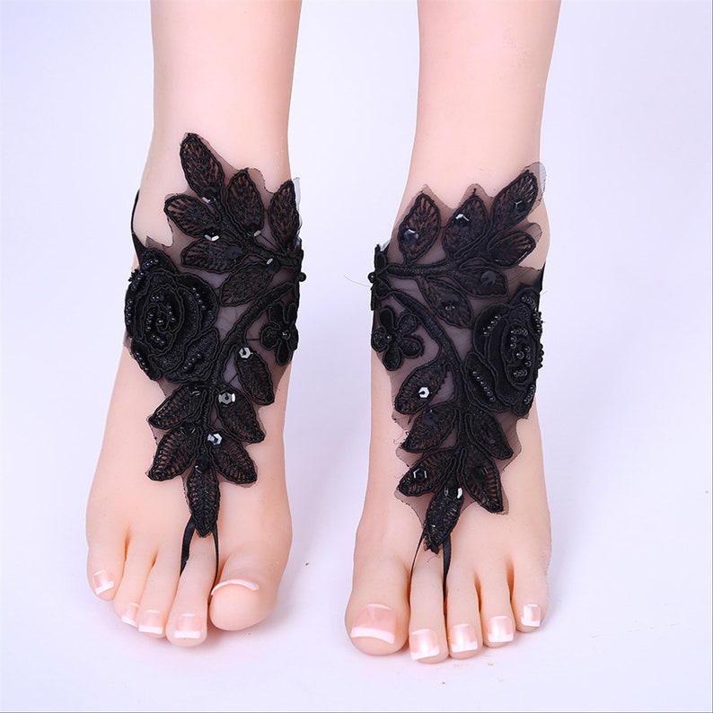 Rose Black Beads Lace Barefoot Sandals Bridal Footless Sandals Beach Wedding Barefoot Wedding Shoe Bridal Anklet Barefoot Foot Jewelry Frame