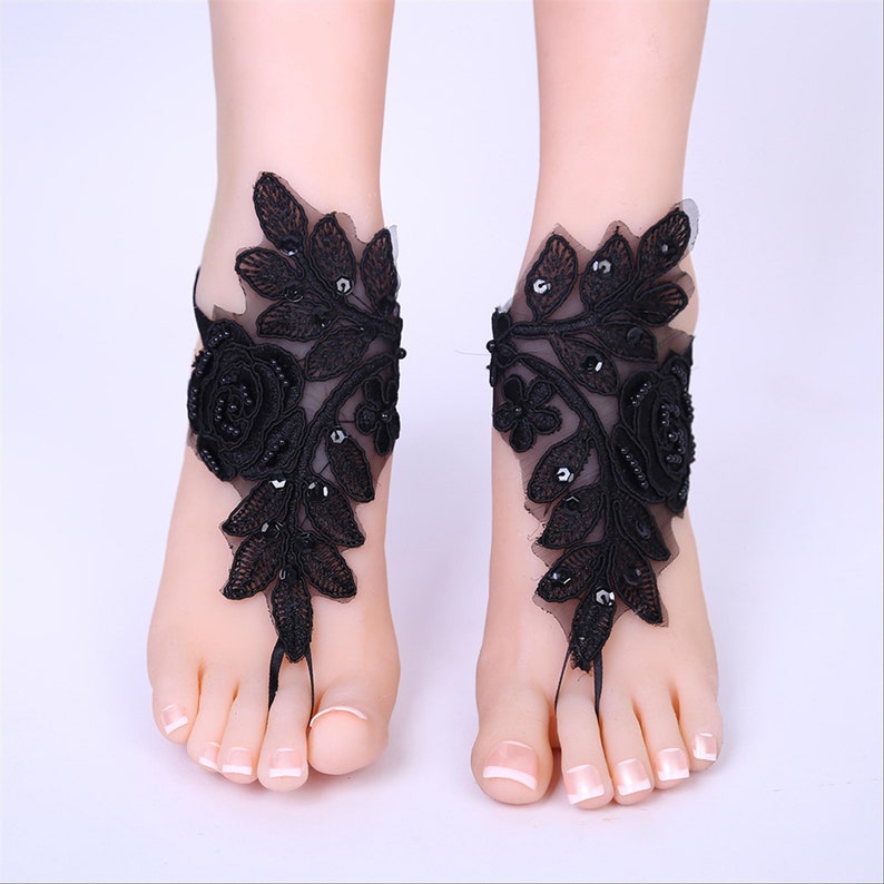 Rose Black Beads Lace Barefoot Sandals Bridal Footless Sandals Beach Wedding Barefoot Wedding Shoe Bridal Anklet Barefoot Foot Jewelry Frame