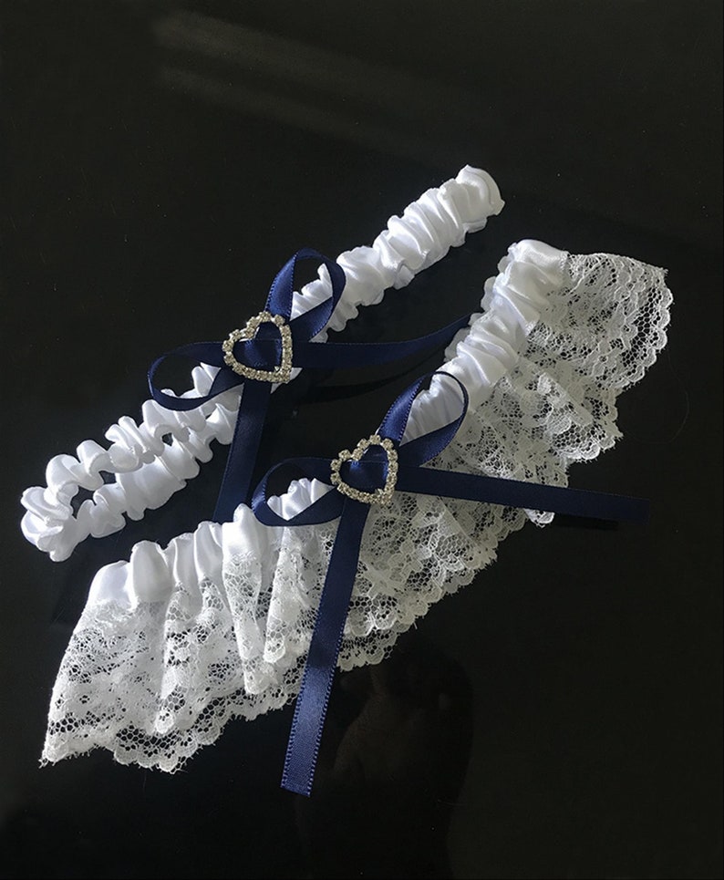 Navy Ribbon Bow Floral Lace Wedding Garter Bridal Garters Toss Garter Prom Garter Keepsake Garter Lace Garter Set Blue Garter Bride Garter