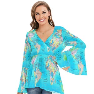 Chemise de carte, élégante, carte du monde, femmes, dames, ados, cadeaux.