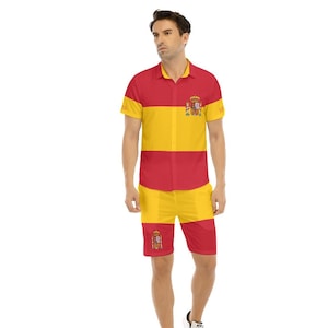 Camisa masculina com bandeira espanhola, shorts, terno, bandeira da Espanha, design, presentes, homens, adolescentes, espanhol, futebol, bandeira, roupa, Barcelona, Madrid.