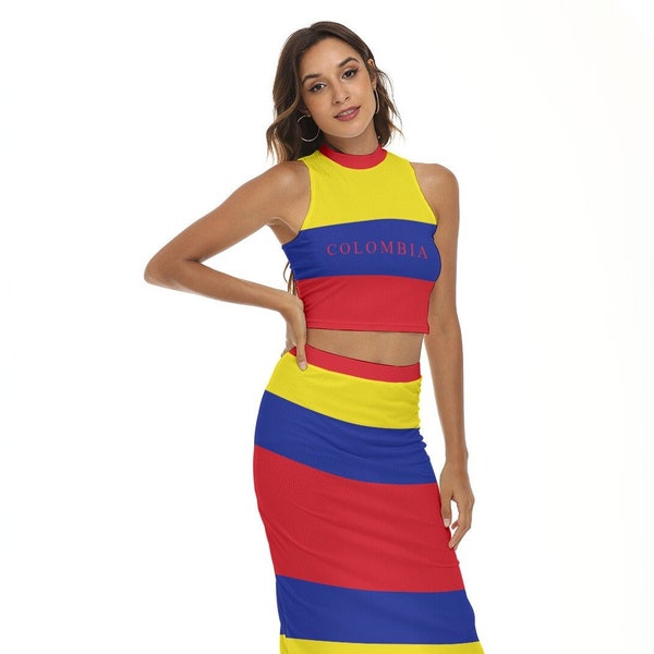 Top y falda de mujer con bandera colombiana, bandera de Colombia, Bogotá, colombiano, diseño, damas, adolescentes, niñas, regalos, fútbol, atuendo, merchandising.