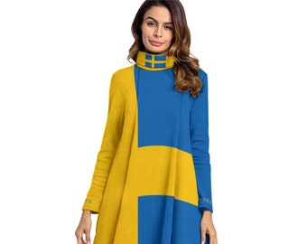 Swedish Flag Women's Dress, Long Sleeve, Sweden Flag, Ladies, Adults, Women, Teens, Gifts, Football, Soccer, Scandinavian, Design, Fashion.