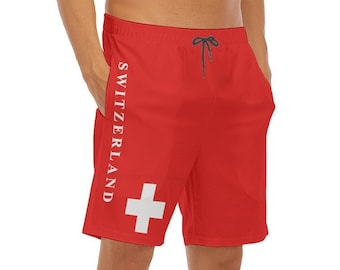 Swiss Flag Men's Beach Shorts, Switzerland, Flag, Design, Gifts, Men, Teens, Football, Soccer, Swiss, Outfit, Zurich, Alpes, Swimsuit.