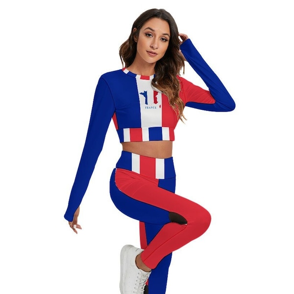 Chemise France, Costume, Leggings, Français, Femmes, Dames, Adolescents, Filles, Drapeau France, Cadeaux, Accessoires, Costume de sport, Drapeau Français, Imprimé.