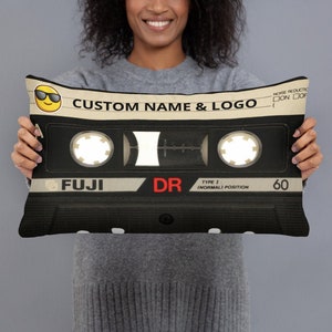 Cassette Pillow, Custom Name Or Logo, Hard Rock, Hip Hop, Pub, Bar, Decor, Man cave,DJ, Music, EDM, 70s, 80s, 90s, Retro, Trance, Techno.