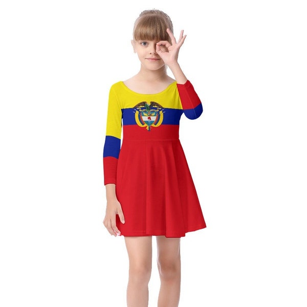 Vestido de niñas de Colombia, bandera de Colombia, niños, adolescentes, indumentaria, accesorios, bandera de Colombia, regalos, diseño, merchandising, colombiano, estampado.