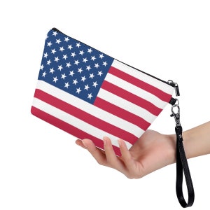 Bolsa de cosméticos com bandeira dos EUA, bandeira americana, patriótica, design, senhoras, adolescentes, meninas, adultos, ação de graças, presentes, roupas, futebol, futebol.
