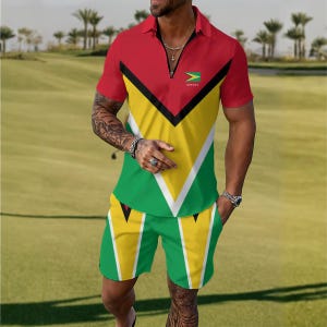 Guyana Flag Shirt, Shorts, Men&#39;s Polo Sportswear Set, Guyana, Men, Teens, Adults, Suit.