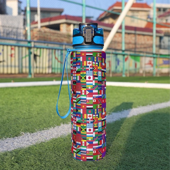 World Flag Pattern Water Bottle With Straw & Handle - 1L Large Sports Bottle For Gym, Travel
