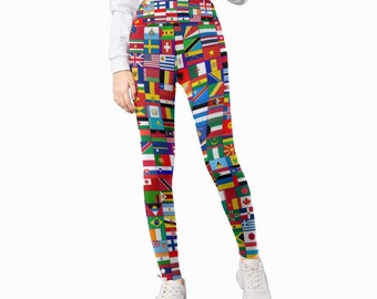 Drapeaux Leggings pour enfants, garçons, filles, adolescents, imprimés, drapeaux de pays, drapeau du monde, design, nations, Terre, coexistence, drapeaux.