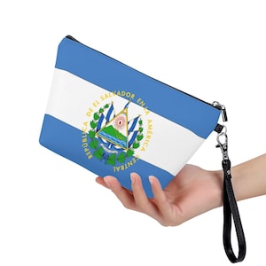 Bolsa de cosméticos com bandeira de El Salvador, alça preta, bandeira de El Salvador, design, mulheres, adolescentes, meninas, adultos, presentes, roupas, futebol, produtos