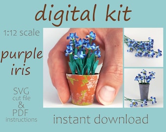 SVG miniature, purple bearded iris, 1 12 scale kit | miniature garden | miniature florist | SVG cut file | dollhouse flower kit