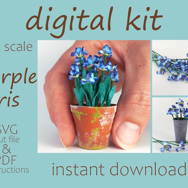 SVG miniature, purple bearded iris, 1 12 scale kit | miniature garden | miniature florist | SVG cut file | dollhouse flower kit