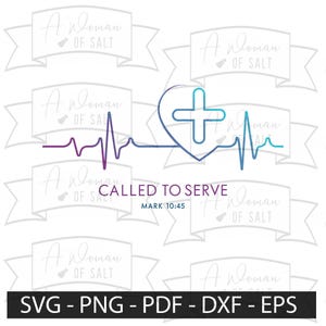 May include: A digital graphic with a heart-shaped cross and a heartbeat line, in shades of purple and blue. Text reads "CALLED TO SERVE" and "MARK 10:45". The background features repeating banner elements with the text "A Woman OF SALT".