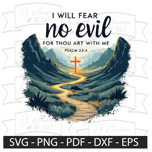Pode incluir: Uma ilustração digital de um caminho de montanha que leva a uma cruz com o texto "Não temerei mal algum, pois tu estás comigo Salmo 23:4".