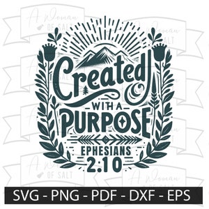 Op de afbeelding: Een donkerblauwe afbeelding met een bergketen, zon en een krans van bloemen. De tekst luidt "Created with a Purpose Efeziërs 2:10".